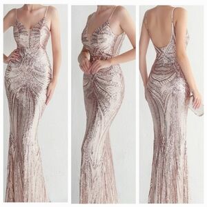 Gold, Graphic Print, Sleeveless,  Backless,  V Neck, Sequined Mermaid Go…